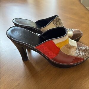 Coach Red and Yellow Mules with Color-Block Design